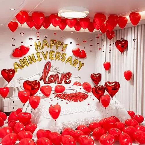Anniversary Balloons Decorations, Happy Anniversary Banner, Red Heart Shaped Balloons, Large Love Balloon, Rose Petals, Latex Balloon for Romantic Nigh Valentines Day Party Supplies