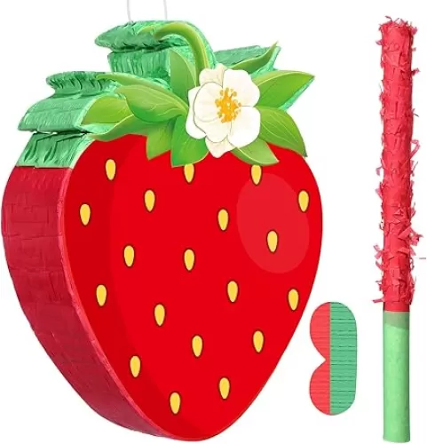 Aoriher Strawberry Piñata Red Strawberry Party Game Set Summer Fruit Piñata Berry Birthday Decoration with Stick Mask for Summer Fruit Theme Birthday Baby Shower Party Game Supplies Decoration