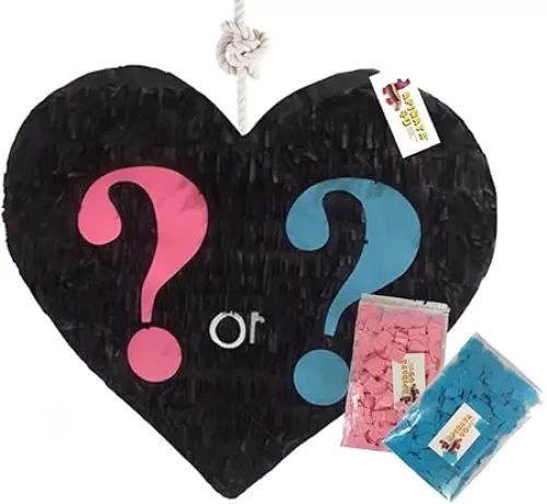 APINATA4U Gender Reveal Pinata, Heart Shape Black Pinata for Party Decoration, Question Mark Baby Shower, Fun Supplies, Boy or Girl Gender Reveal Party Gift, Baby Shower Celebration
