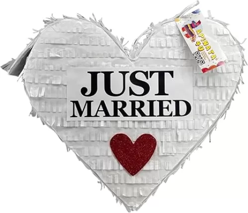 APINATA4U Just Married Heart Pinata, White Wedding Decor for Bridal Showers and Receptions, Perfect Party Favor for Weddings or Birthdays, Birthday Party Decoration, 17 X 17 X 4 Inches