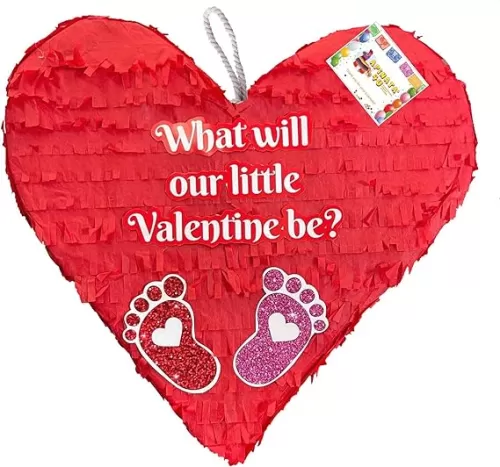 APINATA4U Large 19" Valentine's Day Pinata For Gender Reveal Heart Pinata with Baby Foot Prints What will Our Valentine Be