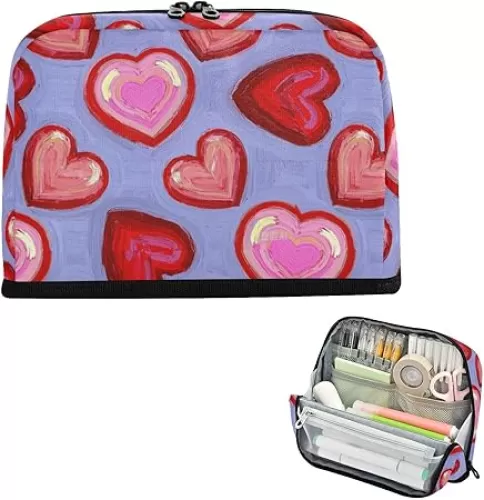 Art Heart Shape Red Blue Pencil Case Holder Large Capacity Pen Case Cosmetic With Compartment Stationery Storage for Teen Office bolsa para lapices