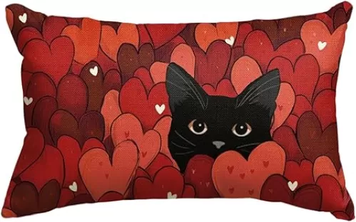 AVOIN colorlife Valentine's Day Red Heart Throw Pillow Cover, 12 x 20 Inch Black cat Anniversary Wedding Cushion Case Decoration for Sofa Couch