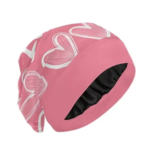 Beanie Hat Satin Bonnet Lined Sleep Cap Hair Wrap Cover Slouchy Beanie for Curly Hair Protection for Gifts for Men Women Pink Hearts Valentine