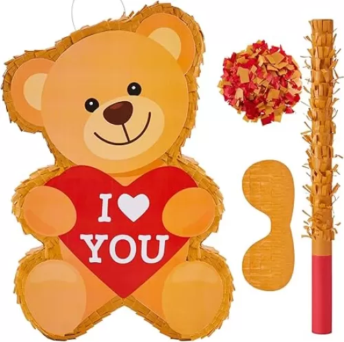 Bear Shaped Party Pinata Heart Pinata Bear Holding Red Heart with Pinata Stick Blindfold and Confetti for Kids Adults Bear Themed Birthday Party Baby Shower, 16.92 x 11.42 x 2.95 Inch