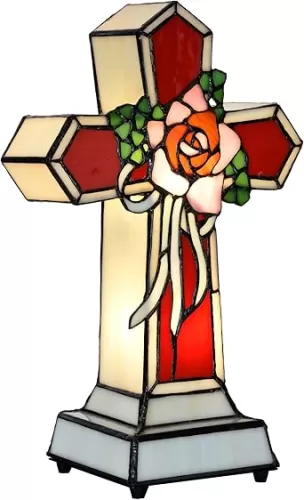 Bieye L10935 Rose Cross Tiffany Style Stained Glass Accent Table Lamp Night Light for Home Decor, Red