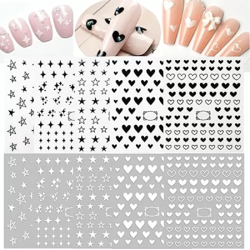 Black and White Hearts Stars Nail Stickers for Women Girls Kids Nail Decoration Self Adhesive Nail Art Decals for Natural Fingernails and Acrylic Nails Designs (Pack of 10)