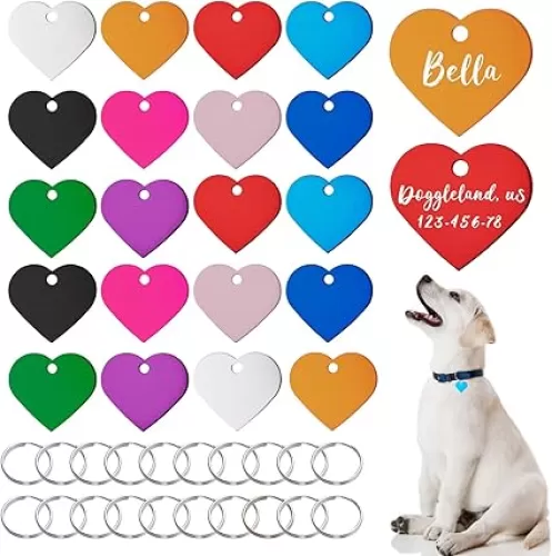 Blank Dog Tags, 20 PCS Colorful Pet Heart ID Tags with Keyrings Aluminum Pet Name Phone Number ID Craft Tags with Holes for Dogs Cats Pets