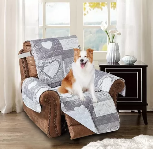 Brilliant Sunshine Heart Love Large Recliner Slip Cover, Patchwork Design, Quilted Slipcover with 2" Strap, 28" Seat, Slip Resistant Cushion Protector, Washable Reclining Chair Covers for Dogs, Grey