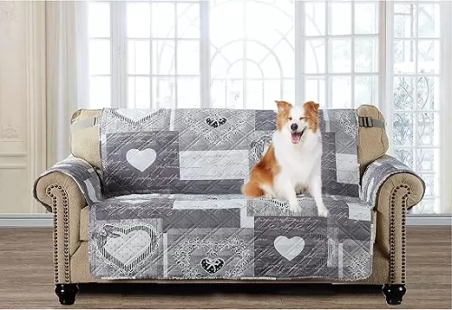 Brilliant Sunshine Heart Love Loveseat Slip Cover, Patchwork Design, Quilted Slipcover with 2" Strap, 54" Seat, Slip Resistant Cushion Protector, Washable Couch Covers for Dogs, Cats, Pets, Kids, Grey
