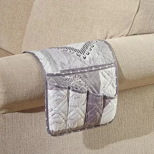 Brilliant Sunshine Heart Love Patchwork Couch Armrest 5 Pockets Organizer, Slip Resistant Armchair Caddy, Washable Remote Controls Holder, Storage for Magazine, Tablet, Phone, iPad, 35×13", Grey