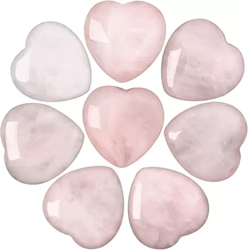 CASMON 8 Pcs Natural Rose Stone Heart Love Stones (1 Inches), Puff Hearts Healing Palm Crystal Set with Gift Box for Chakra Reiki Home Décor