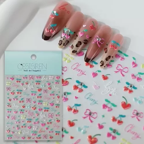 Cherry Heart-Shaped Nail Art Stickers, Embossed Cute Rhinestone Fruit Nail Decals, Nail Art Design, Self-Adhesive, Nail Accessories for Women, Nail Art Supplies