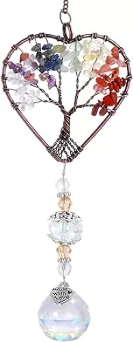cobee Rainbow Crystal Sun Catcher, Tree of Life Suncatchers Heart Shaped Hanging Ornament Chakra Stones Window Crystal Ball Prism Pendant Garden Home Car Decor