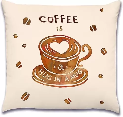 Coffee is a Hug in a Mug Pillow Cover, Cute Watercolor Design with Heart, Soft Accent for Kitchen, Living Room, Decorative Pillows for Couch, Gifts for Coffee Lovers