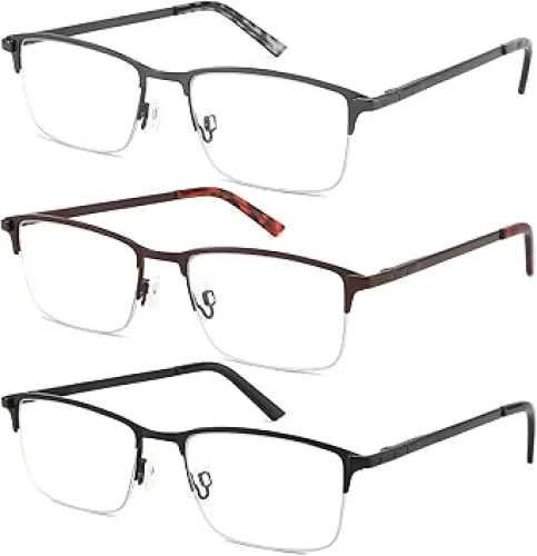 CRGATV 3-Pack Reading Glasses for Men Blue Light Blocking Fashion Metal Half Wide Frame Readers Semi Rimless Eyeglasses
