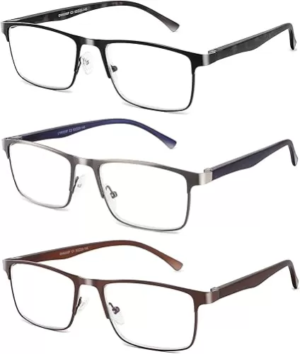 CRGATV 3-Pack Reading Glasses for Men Blue Light Filtering Full Frame Metal Readers Anti Uv/Eye Strain/Glare