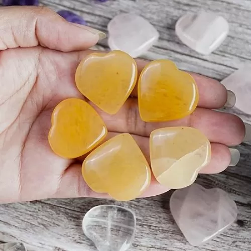 Crocon 5 Pcs Yellow Jade Heart stone 25mm Mini Heart Shape gemstone Puff Stones Set 400+ Carats Pocket Crystal Healing Tumble Collection Balancing Palm Worry Stone Good Luck Meditation Gift Home Decor