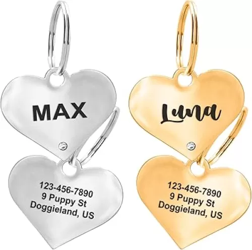 Custom Heart Shape Pet Tag ID, Personalized Gold & Silver Crystal Cute Shiny Safety Lost Collar Tag for Boy & Girl Dogs Puppies Cats with Ring Laser Engraved SOS customizable with Name, Phone, Address