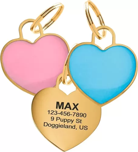 Custom Heart Shape Pet Tag ID, Personalized Gold Stainless Steel Cute Shiny Safety Lost Collar Tag for Boy & Girl Dogs Puppies Cats with Ring Laser Engraved SOS Customizable with Name, Phone, Address
