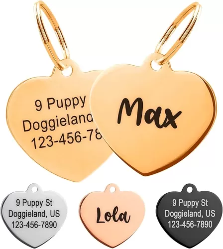 Custom Heart Shape Pet Tag ID, Personalized Stainless Steel Cute Shiny Bling Safety Lost Collar Tag for Boy & Girl Dogs Puppies Cats with Ring Laser Engraved SOS customizable with Name, Phone, Address