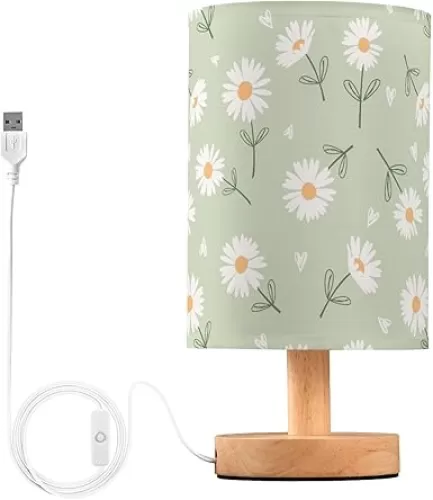 Daisy Flower Heart Bedside Table Lamp Nightstand Lamp with Wood Base Night Light Linen Fabric Shade for Bedroom Living Room Nursery Office Desk