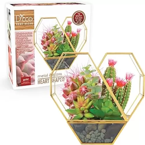 D'Eco Glass Heart Plant Terrarium (8X 8X 2.5)- Gold Trim Geometric Planter - Succulents, Air Plants, Moss, Fern- Summer Home, Office & Wedding Botanical Decor- Great Gift for Plant Lovers & Weddings