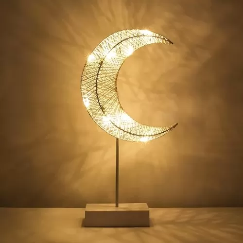 Decorative Table Lamp, Moon Shape Ramadan Desk Lamp Battery Powered Light, Winding Thread Warm LED Crescent Light Christmas Home Bedroom Romantic Bedside Desktop Nightstand Decoration, White