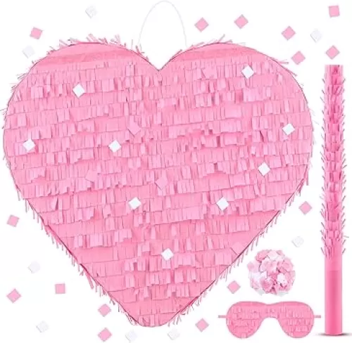 Deekin Pink Themed Heart Shaped Piñata Birthday Party Decorative Small Piñata with Stick Paper Blindfold for Girls Birthday Wedding Party Confetti Boys Baby Shower School Love Carnival Supplies