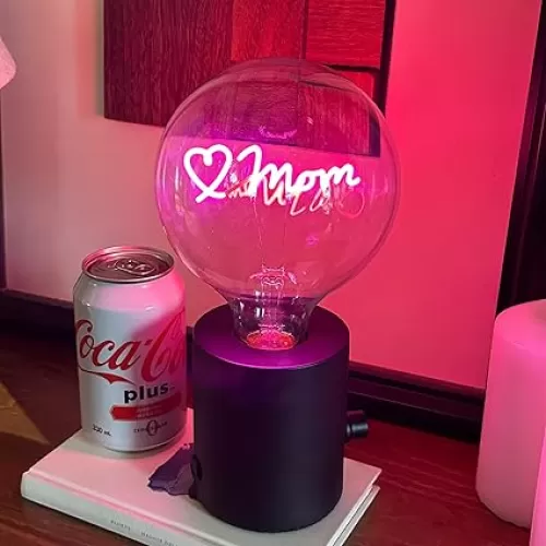 E26 Portable LED Desk Lamp, Neon LED Light Bulb with 'Love Mom' Message - Decorative Bedroon Lamps, Gift for Mother's Day, Pink Light Sign for Home Decor, Modern Table Lamp with Heart Shape