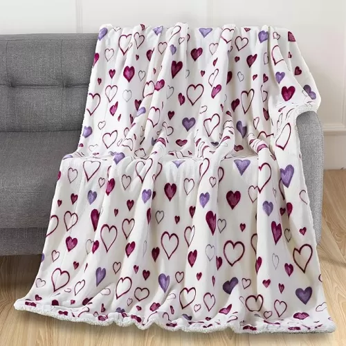 Elegant Comfort Valentine's Day Sherpa Fleece Throw Blanket for Couch - Soft and Warm Sherpa Backing Reversible Purple Hearts Blanket Decor Gifts for Her, 50 x 60 inches, Mia