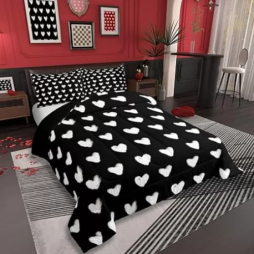Erosebridal Love Comforter Set Queen Black and White Bedding for Kids Boys Girls Cute Heart Shaped Valentine Day Down Comforter Kawaii Cartoon Love Heart Geometric Duvet Insert Soft Warm Quilt 3Pcs