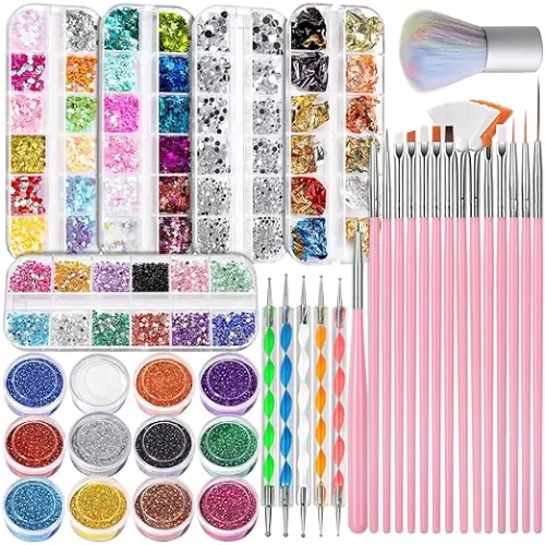 FANDAMEI Nail Art Decoration Kit, Design Tools Set with Nail Art Brushes, Dotting Tools, Fine Glitter, Butterfly Heart Sequins, Foil Flakes, Nail Rhinestones, Dust Brush
