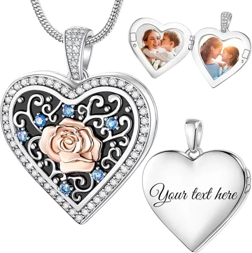 Fanery Sue Personalized Heart Locket Necklace that Holds Pictures, Customize Photo Pendant Picture Jewelry Mothers Day Gifts for Women