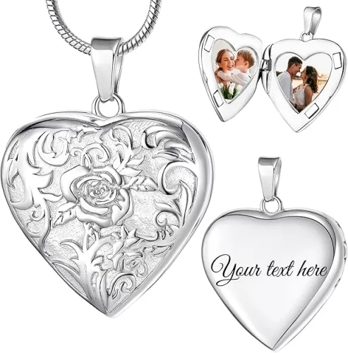 Fanery Sue Personalized Vintage Locket Necklace that Holds Pictures, Customized Picture Lockets Personalized Heart Locket Photo Memorial Jewelry Mothers Day Gifts for Women