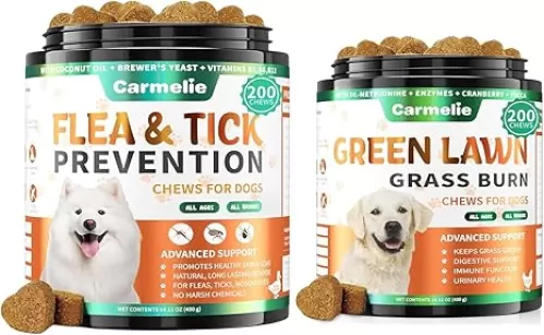 Flea Chews & Lawn Spot Support for Dogs - 200 Each - Natural Flea Prevention + Grass Burn Chews to Reduce Yellow Spots from Urine - Duck Flavor & Lawn-Friendly Formula