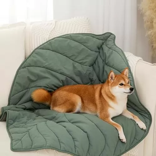 FUNNY FUZZY Dog Blanket, Leaf Pet Blanket 42×56" Dog Bed Mat Couch Cover Washable, Heart Shaped, Forest Green