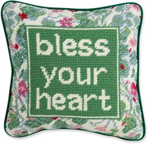 FURBISH Needlepoint Decorative Throw Pillow - Bless Your Heart - 10" x 10" - Small Embroidered Accent Pillow for Bed, Chair, Couch, Sofa - Aesthetic Room Decor
