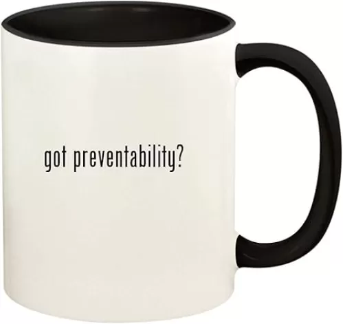 got preventability? - 11oz Ceramic Colored Handle and Inside Coffee Mug Cup, Black