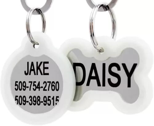 GoTags Personalized Dog Tags in Stainless Steel, Includes Glow in The Dark Tag Silencer to Reduce Noise and Protect Tag and Engraving, No Noise, Quiet Pet Tags, 2 Side Engraving, (Heart Shape)