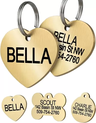 GoTags Personalized Pet ID Tags, Solid Brass Dog Tags and Cat Tags, up to 6 Lines of Custom Text, Engraved on Both Sides, Bone, Round, and Heart Shapes