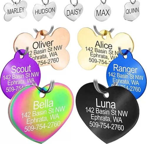 GoTags Steel Pet ID Tags, Personalized Dog Tags and Cat Tags, up to 8 Lines of Custom Engraved Text, Bone, Round, Heart, Bow Tie and More in 7 Colors Gold, Rainbow, Silver (Heart, Small)