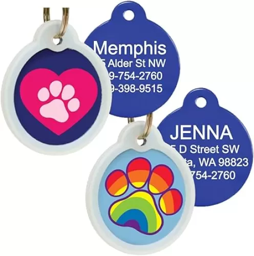 GoTags Unique Pet Tags, Personalized with 4 Lines of Custom Engraved ID, Silent Dog Tags with Glow in The Dark Silencer to Quiet Tag, Several Cute Tag Designs for Cat or Dog, (Heart with Paw)
