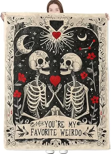 Gothic Skull Blanket Romantic Skeleton Couple Holding Heart Throw Blankets Lightweight Flannel Throws for Camping Couch Chair Office Bed Goth Halloween Home Decor Gifts for Adults, 60x50inch