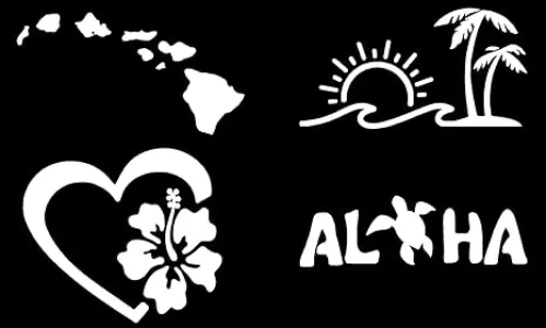 Hawaii Decal 4 Pack: Hawaiian Islands, Aloha Turtle, Sun Wave Palm Tree, Hibiscus Heart (White, Large ~5")