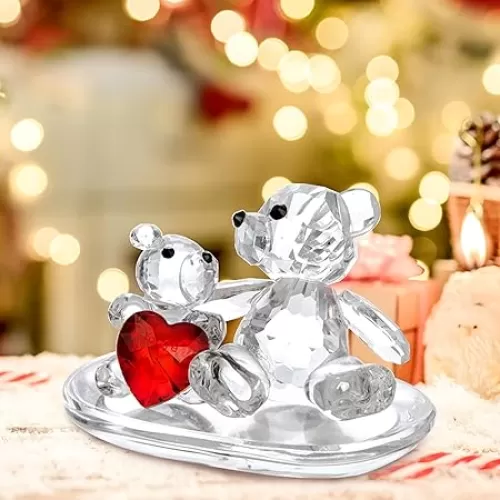 H&D HYALINE & DORA Red Heart Decor Crystal Mother&Baby Bears Glass Bear Animal Figurine Paperweight Decor for Home Office Table