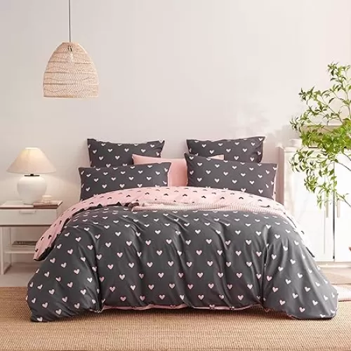 Heart Duvet Cover Twin Size Pink Grey Love Pattern Bedding Set Cute Heart-Shaped Breathable Soft Reversible Comforter Cover (No Comforter)