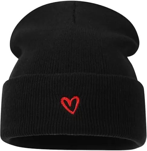 Heart Embroidered Beanie Hat Love Pattern Cuffed Skull Cap Winter Warm Watch Hat for Women, Men, Valentine's Day Gift