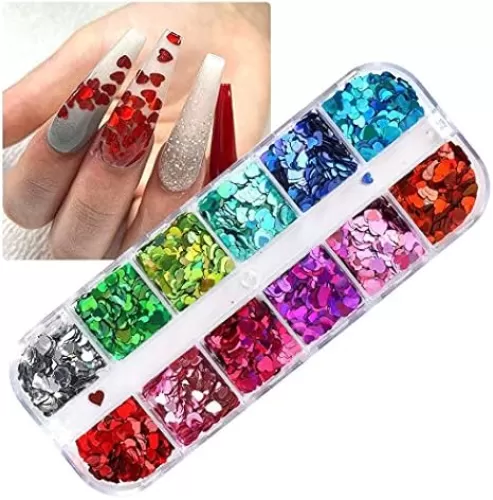 Heart Nail Art Glitter Sequins Heart Valentines Nail Art Sticker Decals Laser Love Heart Glitter Flakes for Manicure Make Up DIY Nail Decoration