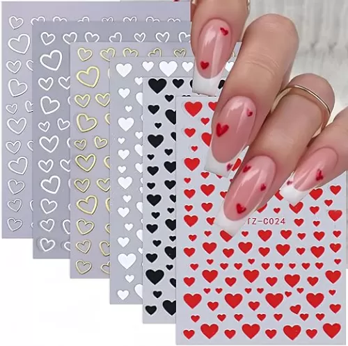 Heart Nail Stickers - 6 Sheets Love Nail Decals 3D Self-Adhesive Red, Black, White, Gold, Silver Heart Nail Designs Valentine's Day French Manicure Nail Decals